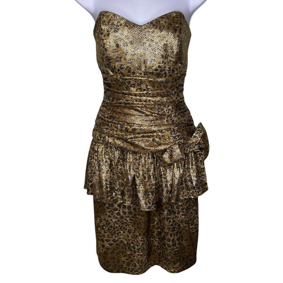 VTG Patra Size 6 Cheetah Print Strapless Dress Shimmer Ruched Bow Party Flounce - Picture 1 of 8